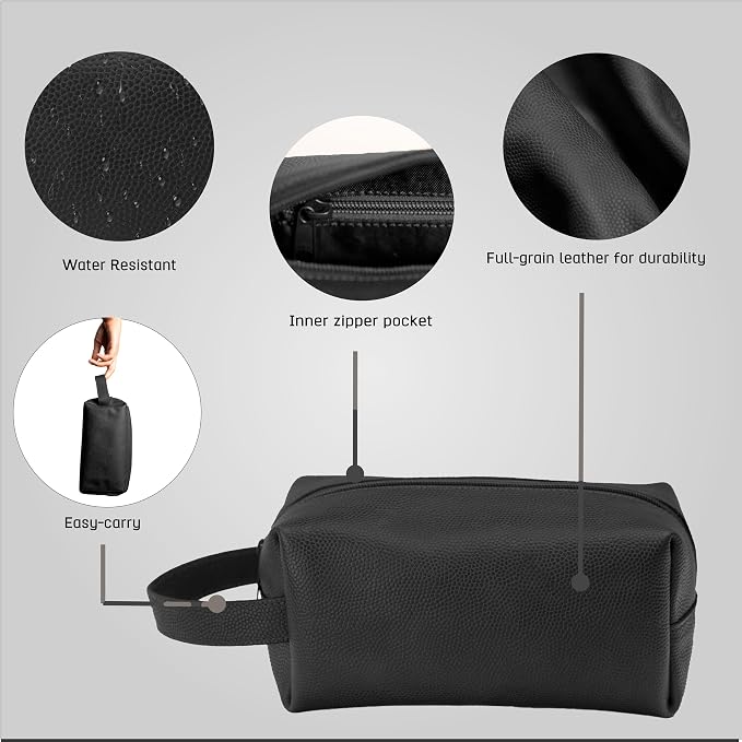 Leather Toiletry Bag for Men – Water Resistant Travel Dopp Kit - Premium Full Grain Leather Cosmetic Case- Perfect Gifts for Him - Mens Toiletry Bag (Black) - Image 2