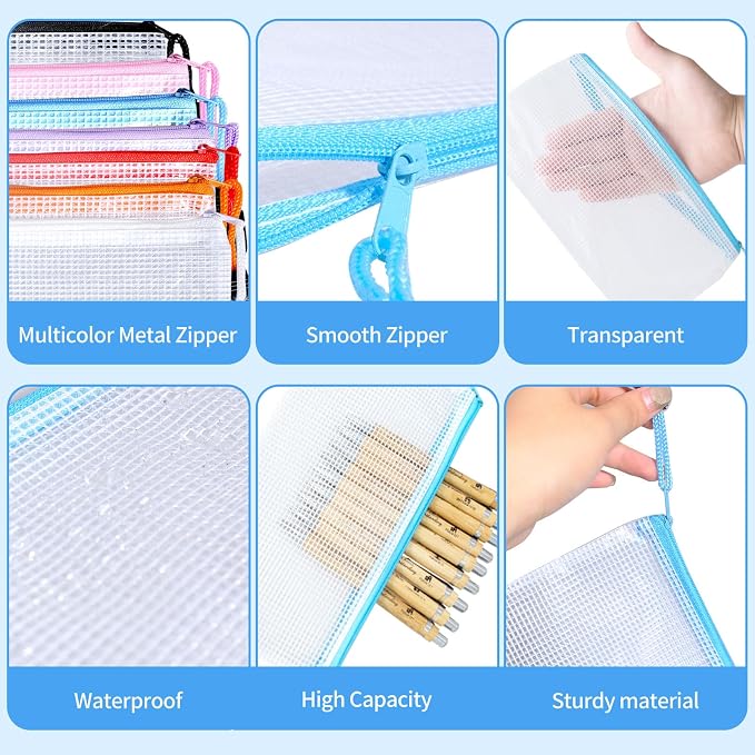 220 Pack A6 Mesh Zipper Pouch Bags 11 Colors 9.4 x 4.5 Inch Pencil Pouches Bulk Small Mesh Bags with Zipper Waterproof Zipper File Bags for Travel Puzzles School Office Supplies Organization - Image 3
