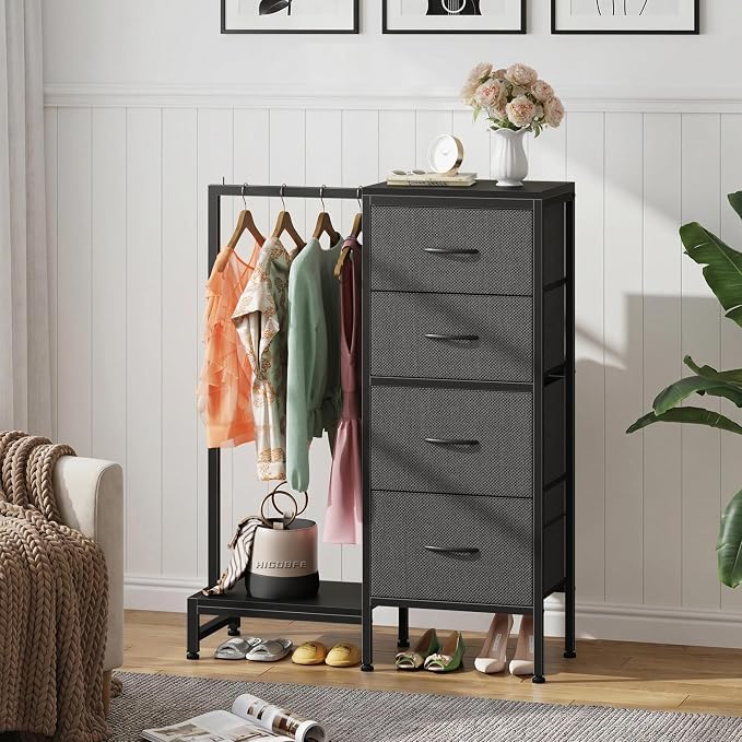 HIGDBFE Dresser with Hanging Rack, 4 Drawers Small Closet for Bedroom, Reversible Fabric Kids Chest of Drawers with Clothes Rack, Tall Storage Tower, Sturdy Frame, Grey, 44''H - Image 3