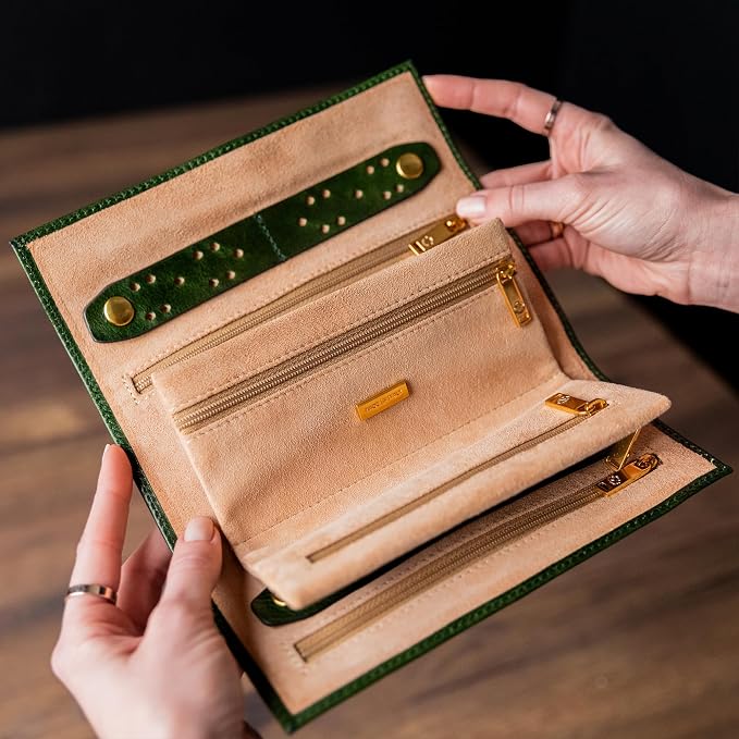Time Resistance Leather Jewelry Roll - Full Grain Leather Travel Jewelry Case - Jewellery Organizer Made in Italy (Green) - Image 3