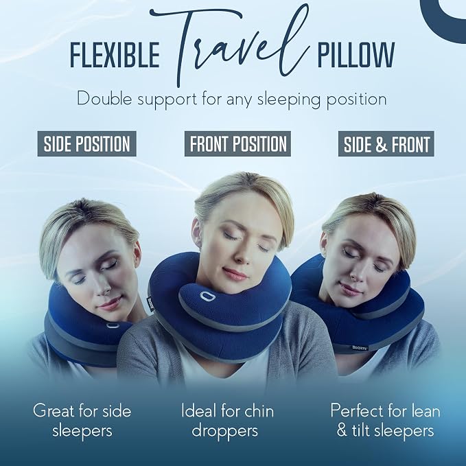 BCOZZY Travel Neck Pillow for Airplane– Patented Double Support for Head, Neck, and Chin. Best for Long Flights, Plane Sleeping, and Car Rides. Adjustable Size. Fully Washable. Carry Bag. Large, Black - Image 2