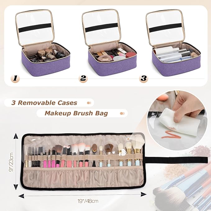 LUXJA Rolling Makeup Case with 3 Removable Makeup Bags and 1 Brush Holder | Large Cosmetic Bag with Detachable Shoulder Strap and Dolly, Professional Train Case with Multiple Storage Pockets, Purple - Image 3