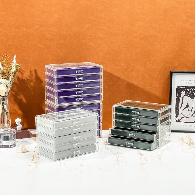 ProCase Earring Holder Organizer Jewelry Box with 5 Drawers, Acrylic Clear Earring Case with Adjustable Velvet Trays for Women - Purple, 5 Layers - Image 5