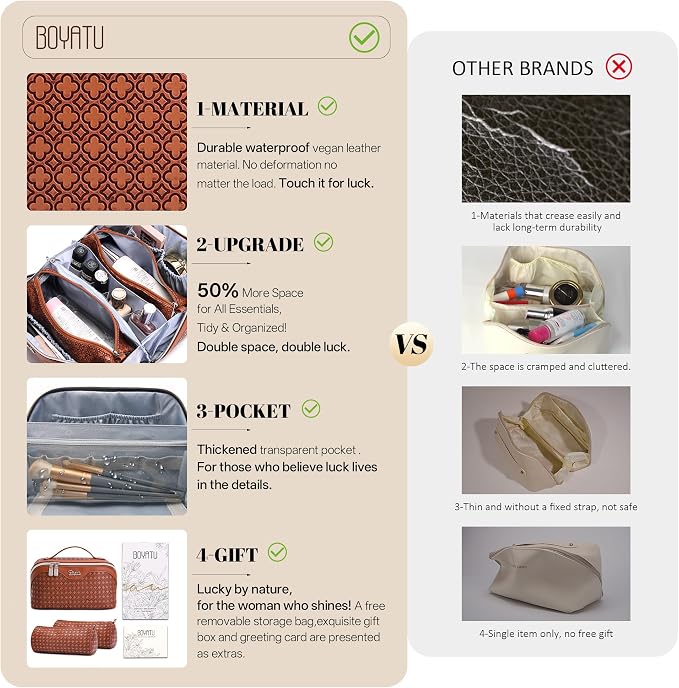 BOYATU Travel Makeup Bag for Women: Four Leaf Clover Large Capacity 3 Pcs Set Cosmetic Bags - Waterproof 50% Extra Space for Toiletry Organizer - Travel Essentials for Fortunate (10 Red Brown) - Image 2