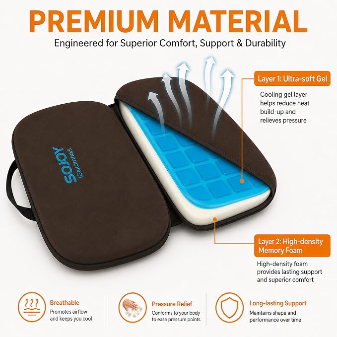 Sojoy 3-in-1 Foldable Gel Seat Cushion with Memory Foam Ergonomic Portable Cushion for Back Pain & Tailbone Relief - Perfect for Office Chair, Airplane Travel & Stadium Seats (18.5" x 15" x 2" Brown) - Image 5