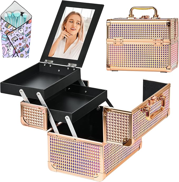 Makeup Case Organizer,Makeup Train Case, Trays Cosmetic Box Portable, Profesional for Salon Barber, Colorful Pink by Unknown