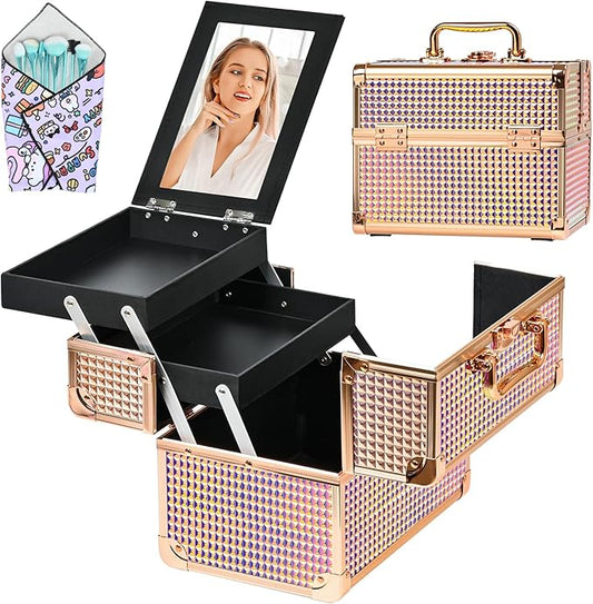 Makeup Case Organizer,Makeup Train Case, Trays Cosmetic Box Portable, Profesional for Salon Barber, Colorful Pink by Unknown
