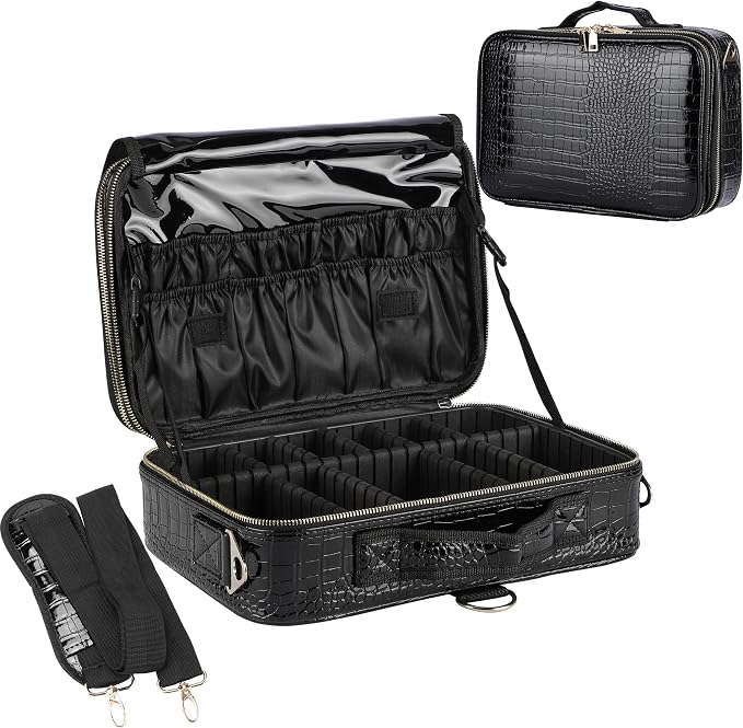 Travel Makeup Train Case,Large Capacity Cosmetic Bags for Women,Portable Makeup Bag Organizer with Adjustable Dividers & Shoulder Strap (Crocodile Pattern Black,Medium) by JOURMON