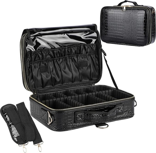 Travel Makeup Train Case,Large Capacity Cosmetic Bags for Women,Portable Makeup Bag Organizer with Adjustable Dividers & Shoulder Strap (Crocodile Pattern Black,Medium) by JOURMON