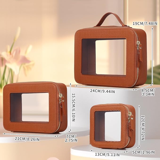 Clear Makeup Bag Set 3 Piece Travel Case for Cosmetics and Toiletries Women's Makeup Organizer and Car Essential with Zipper (Brown, L+M+MINI) - Image 5