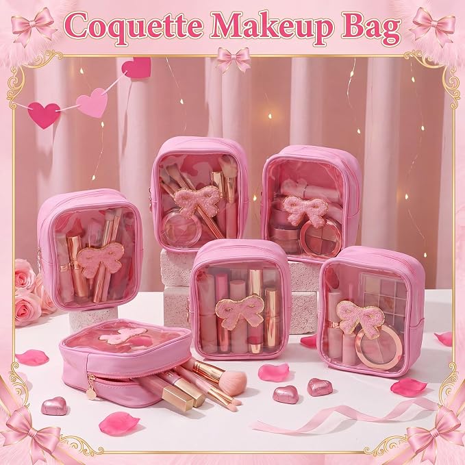 12 Pcs Pink Bow Makeup Bags, Bulk Coquette Cosmetic Bag with Zipper for Women, PVC Pink Bow Clear Makeup Bags, Travel Zipper Pouch for Bridal Shower Birthday Bachelorette for Team Stuff - Image 6