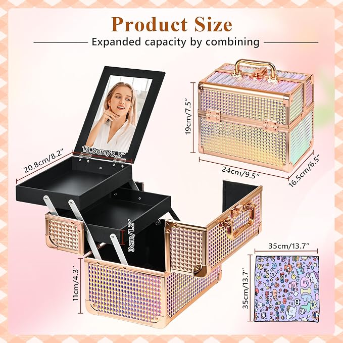 Makeup Case Organizer,Makeup Train Case, Trays Cosmetic Box Portable, Profesional for Salon Barber, Colorful Pink - Image 3