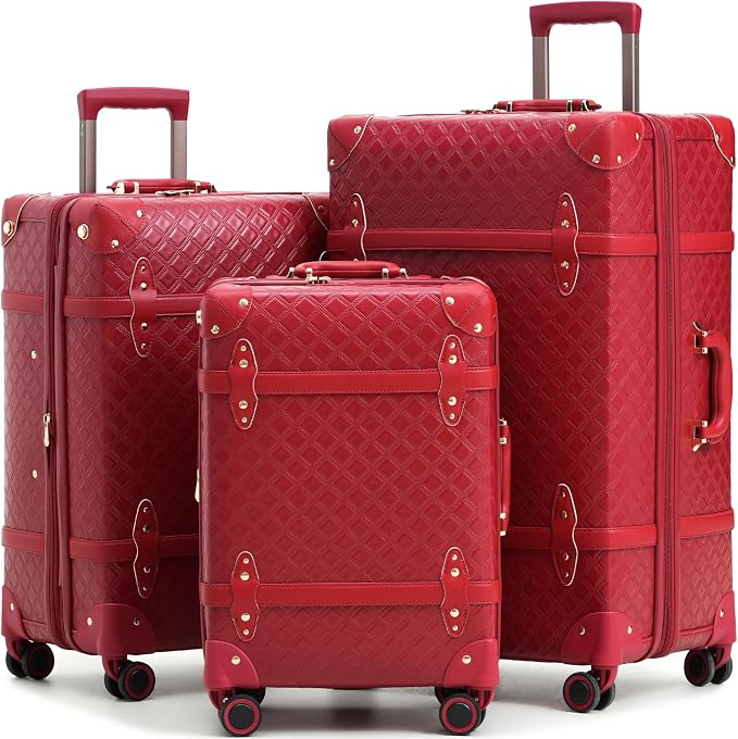 NZBZ Vintage Luggage Sets for Women, 3 Piece PU Leather Retro Suitcase with Spinner Wheels & TSA Lock, Cute Quilted Expandable Carry On Luggage (Retro Burgundy, 20" 24" 28") by NZBZ