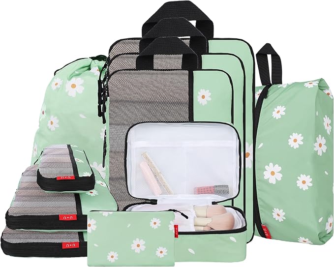 U+U 10 Set Compression Packing Cubes - Ultralight Travel Organizers with Laundry Bag and Cosmetic Bag, Space-Saving Suitcase Organizer for Travel, Business Trip and Family Vacation (Daisy) by UU