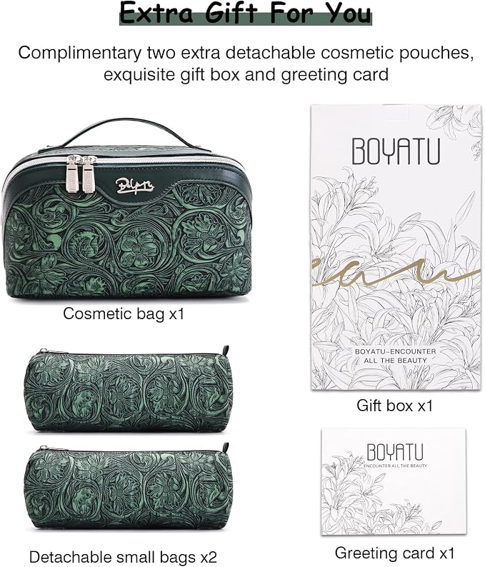 BOYATU Travel Makeup Bags Cosmetic Organizer Bag: 3 Pcs Set Large Capacity Floral Make up Bag with Compartments - Waterproof Leather Toiletry Bags with Handle for Women (18-Green) - Image 7