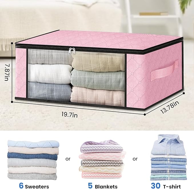 HomeHacks Storage 3-Pack Clothes Organizer Storage Bags Foldable Storage Box with Large Clear Window Sturdy Handles for Closet, Dorm, Pillows, Bedding, Clothes, Blankets, 35L, Pink - Image 2