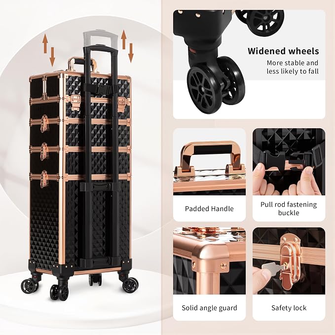 AROUS Rolling Makeup Train Case 4 in 1 Cosmetology Case on Wheels Large Storage Cosmetic Trolley with Key Salon Barber Case Traveling Cart Trunk,Gold&Black - Image 6