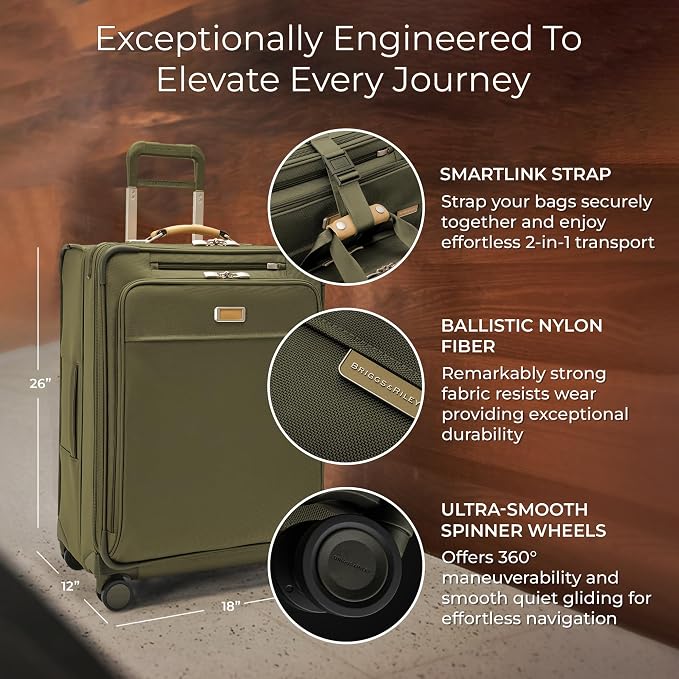 Briggs & Riley 26" Medium Expandable Spinner - Checked Luggage for Travel, Suitcases with Wheels, Softside Rolling Bag for Men & Women, Self-Repairing Zipper - Baseline Collection, Olive - Image 2