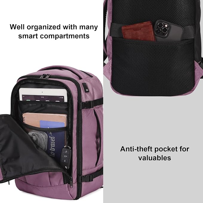 ECOHUB Travel Backpack 18x14x8 Spirit Airlines Personal Item Bag Carry On Backpack 13 Pockets Large Work Casual Daypack for men Airline Approved Waterproof Gym Backpacks with Charging Port, Pink - Image 6