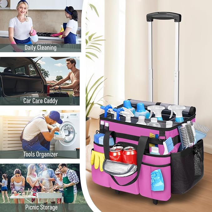 Ytonet Cleaning Caddy with Wheels, X Large Rolling Caddy Bag with Detachable Trolley for Housekeepers, Water Resistant Cleaning Cart Supplies Organizer for Home, Car, Tool Organizer, Mobile Storage - Image 8