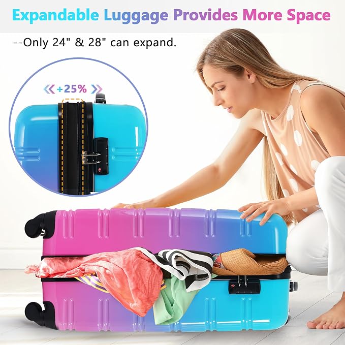 Merax Suitcase Set, Hardshell Luggage Sets 3 Piece with Spinner Wheels | Expandable Gradient Color Suitcase with TSA Lock Lightweight 20" 24" 28", Blue and Red - Image 6