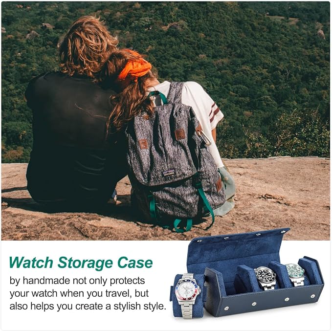 Hiram Genuine Leather Hexagon Watch Roll Travel Case, Leather 3-Watches Roll Case with Removable Pillow Cushion for Treasured Watches and Bracelets -Blue - Image 6