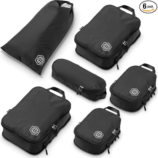 Compression Packing Cubes 6 Piece Set for Travel - Lightweight, Durable Clothes Organizer (Black) by TRIPPEDTravelGear
