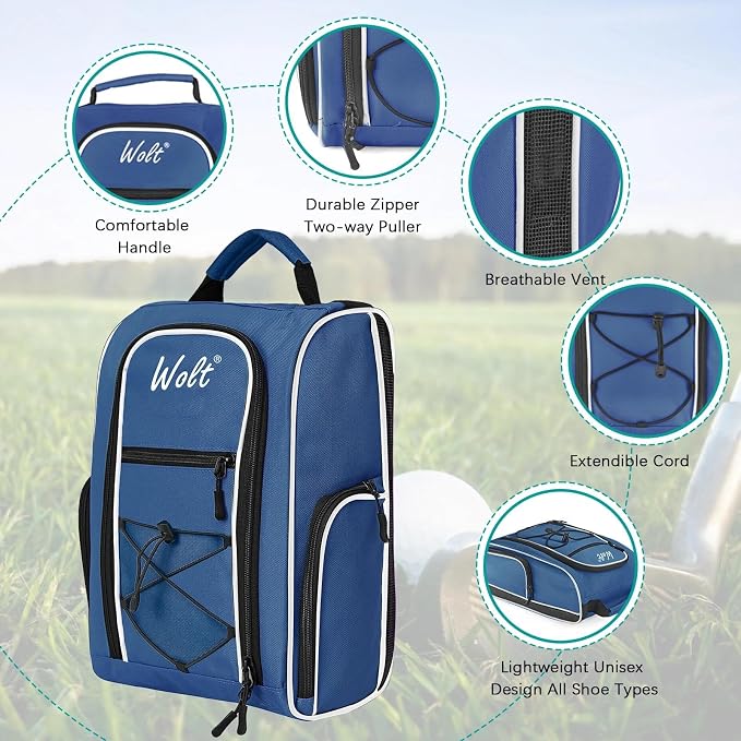 Wolt |Golf Shoe Bag for Travel- Zippered Shoes Carrier Bags with Ventilation & Double Outside Accessory Pocket for Socks, Tees, Golf Balls, Etc. for Women and Men (DarkBlue) - Image 3