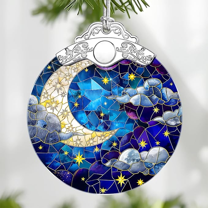 Moon and Star Stained Glass Ornament, Christmas Ornaments – Christmas Tree Decorations, Holiday Decor, Stocking Stuffer, Gift Idea, Gifts for Astronomy Lover, Friend, and Family