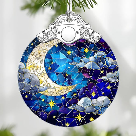 Moon and Star Stained Glass Ornament, Christmas Ornaments – Christmas Tree Decorations, Holiday Decor, Stocking Stuffer, Gift Idea, Gifts for Astronomy Lover, Friend, and Family
