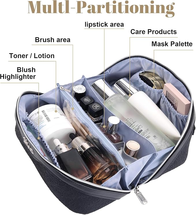 BOYATU Travel Makeup Bags Cosmetic Organizer Bag: 3-Set Large Capacity Make up Bag - PU Leather Toiletry Bags for Women - Wide Open Portable Pouch with Divider & Handle (A-Black) - Image 3