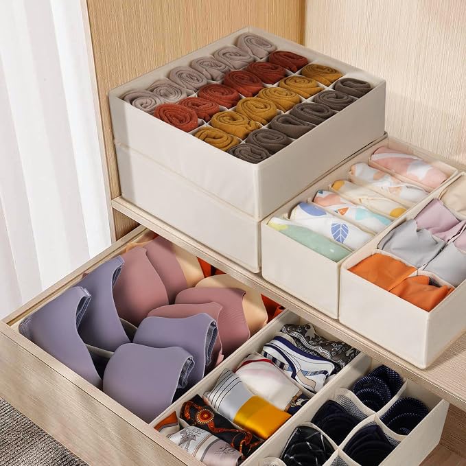 Criusia 6 Pack Sock Underwear Drawer Organizer Dividers, 58 Cell Foldable Fabric Dresser Closet Organizers and Storage Bins for Clothing, Baby Clothes, Bra, Panty, Scarf, Ties (Beige) - Image 6