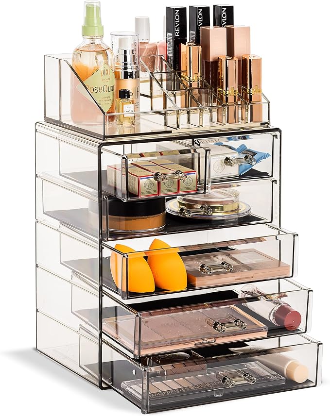 Sorbus Acrylic Makeup Organizer Set, 6-Drawer Vanity & Countertop Cosmetic Storage with Small & Wide Compartments, Black-Tint Makeup Storage for Brushes, Jewelry – Holiday Gift for Women & Teens by Sorbus