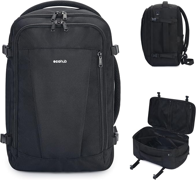 ECOHUB Travel Backpack 18x14x8 Spirit Airlines Personal Item Bag Carry On Backpack 13 Pockets Work Casual Daypack for Men Women Airline Approved Water Resistant Gym Backpack with Charging Port, Black by ECOHUB