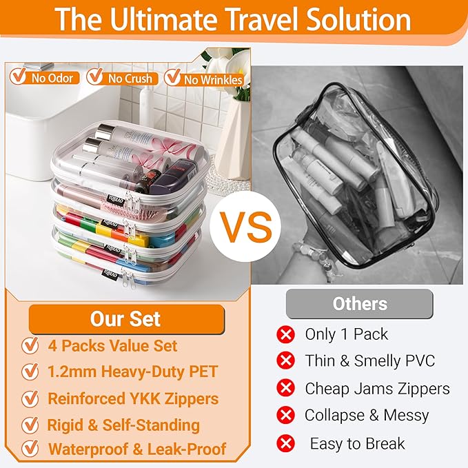 YQBRAO 4-Pack Clear Diaper Bag Organizer Pouches, 1.2mm Ultra-Thick PET Travel Pouches for Toiletries & Makeup, Rigid Self-Standing Bags with YKK Zippers, TSA Approved - Image 2