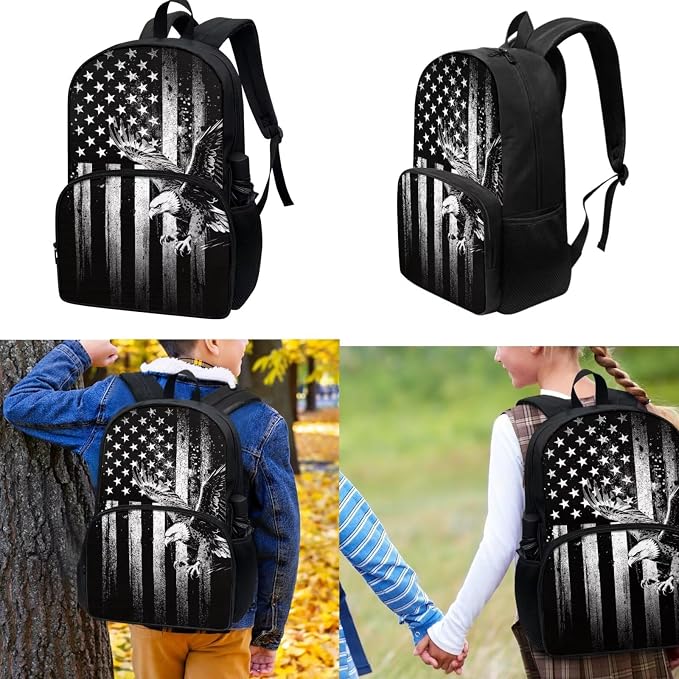 Kids Boys Backpack School Bag Set Black American Flag Eagle School Bookbag with Insulated Lunch Box Pencil Pouch Kids Lightweight School Bag Rucksack 3 Pack Set - Image 2