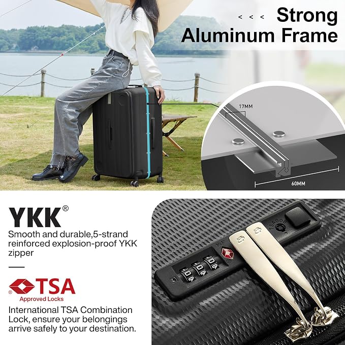 Hanke Multifunctional 26 Inch Hard Shell Suitcases with Wheels Travel Approved Luggage Large Rolling Suitcase Checked Luggage for Women Men(Jet Black) - Image 7