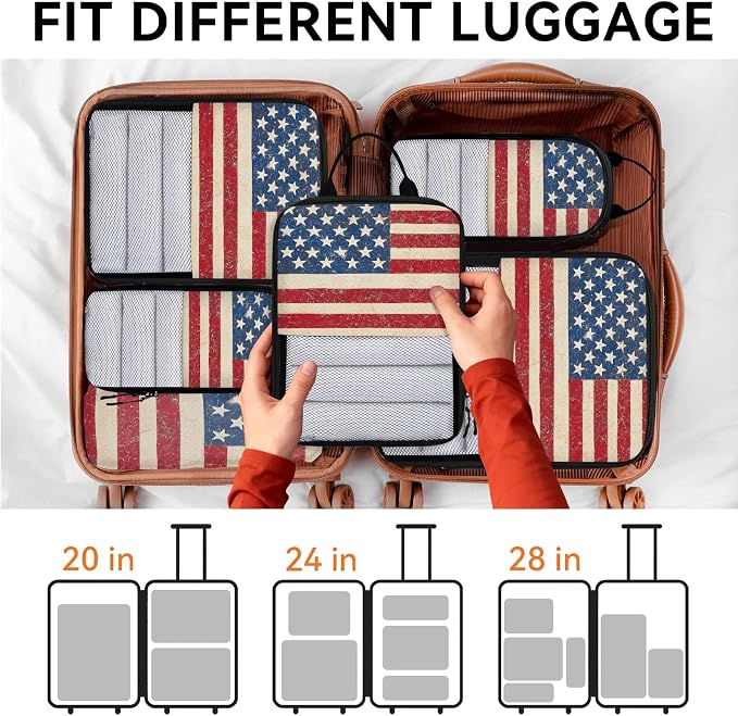American USA Flag Vintage Compressible Packing Cubes for Suitcase 6 Set Lightweight Expandable Compression Packing Travel Luggage Organizer - Image 7