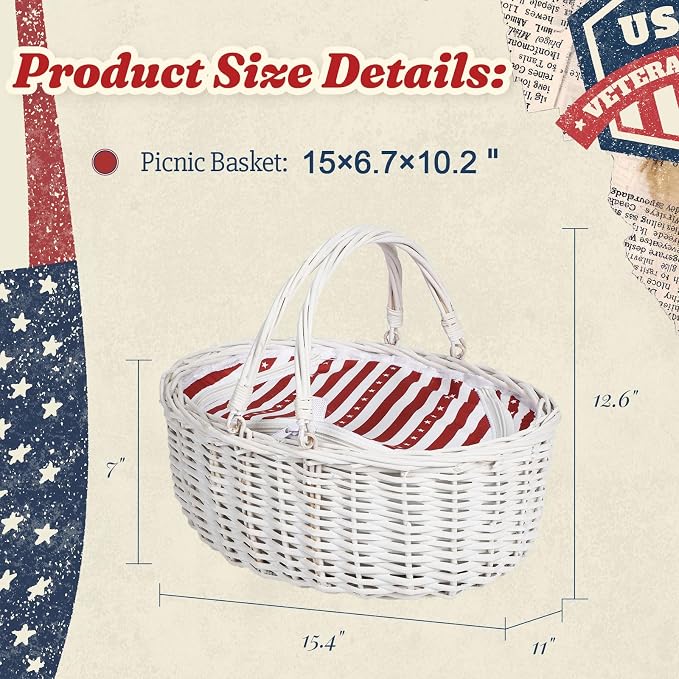 Wicker Picnic Basket with Insulated Lined Bag 15“ x 11” x 7“ Red, White Star Stripe Pattern, Iced Beer Insulated Bag for Camping, Picnics, Birthday Gifts, Wedding Gifts - Image 5