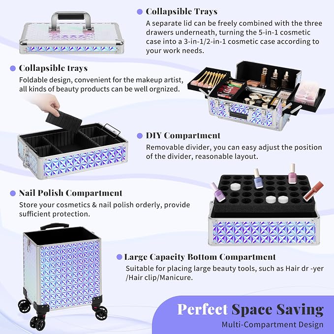 AROUS 5 in 1 Rolling Makeup Train Case with Lid Cosmetology Case on Wheels | Large Cosmetic Trolley Organizer with Keys Salon Barber Case Traveling Cart Trunk for Artist Hairstylists Nail Tech, Silver - Image 7