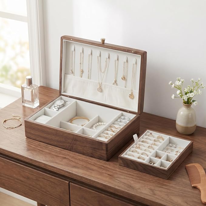 Wooden Jewelry Box for Women, Black Walnut | Jewelry Organizer & Storage, Velvet Lining, Multi-Compartment, Travel Jewelry Case for Ring Necklace Earring by LivaHomeDecor