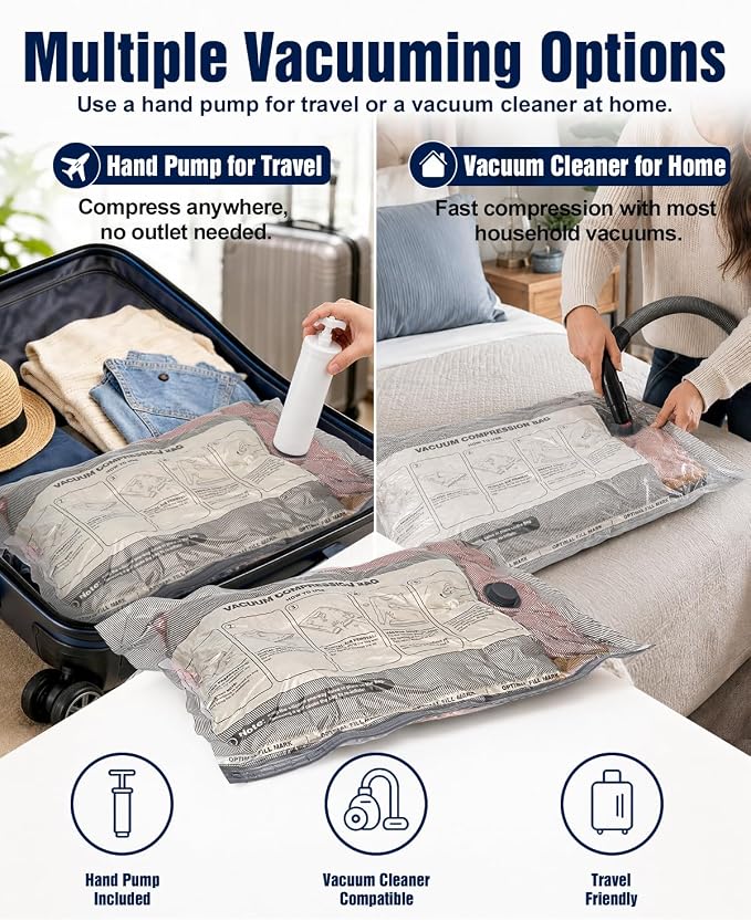 Fantictas Vacuum Storage Bags, 10 Small Space Saver Bags with Hand Pump 80% Space Saver Vacuum Seal Bags Vacuum Seal Compression Bags for Clothes, Travel Luggage, Closet, Dorm, Moving - Image 6