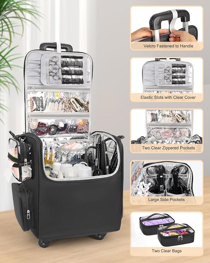 Relavel Rolling Makeup Train Case with Hair Stylist Backpack, Hairstylist Traveling Bag with 4 Wheels, Heat Insulation Full Layer, Adjustable Dividers, Hair Tools and Cosmetics Storage Organizer - Image 7