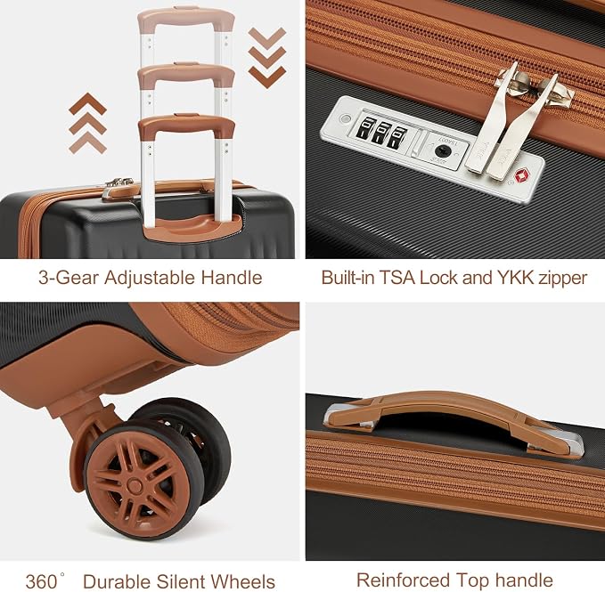 Kono Luggage Sets 3 Piece Expandable Carry On Travel Luggage 20 Inch TSA Lock Spinner Wheels Hardshell Suitcase Set(Black&Brown,3 Piece Set) - Image 4