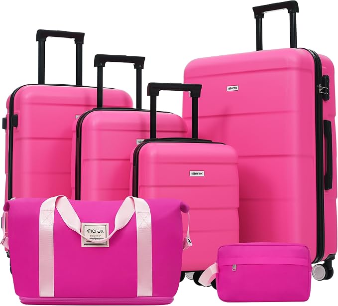 Merax Luggage Set,6 Piece Carry on Hardcase Suitcase with Travel Bags | Durable Suitcase Set with Double Spinner Wheels,16/20/24/28 IN Luggage Airline Approved,Pink-1 by Merax