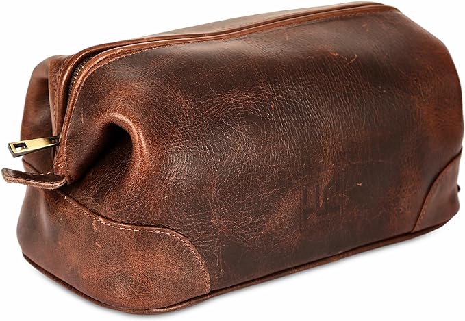 HLC Leather Toiletry Bag for Men Best Gift Premium Genuine Dopp Kit Shaving Kit Organizer Travel Kit Pouch Bag 10 inch Size (Brown) by HLCLeather