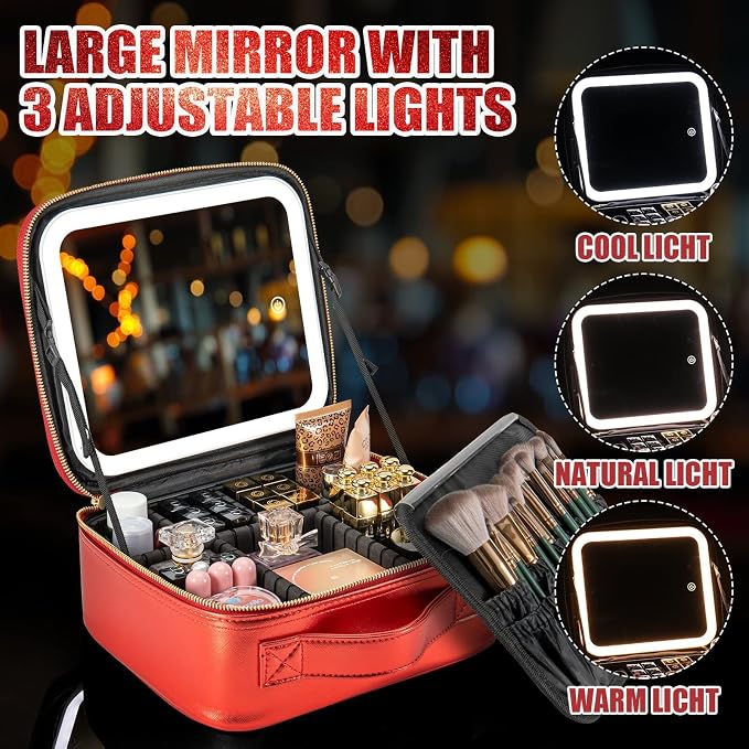 Extrei Gent Makeup Travel Train Case with Mirror LED Light 3 Adjustable Brightness Large Cosmetic Bag Portable Storage Adjustable Partition Waterproof Brushes Make up Jewelry Gift for Women - Image 5