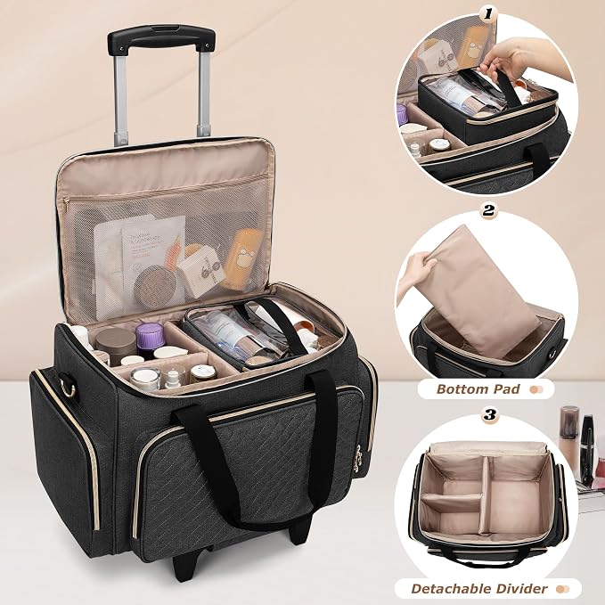 LUXJA Rolling Makeup Case with 3 Removable Makeup Bags and 1 Brush Holder | Large Cosmetic Bag with Detachable Shoulder Strap and Dolly, Professional Train Case with Multiple Storage Pockets, Black - Image 2