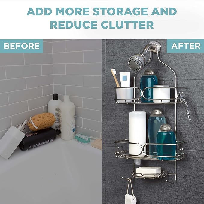 Zenna Home Shower Caddy Hanging Bathroom Organizer, Stainless Steel Shower Rack with 2 Shelves and Built in Hooks, Rustproof Over Shower Head Storage System, Stainless Steel - Image 3