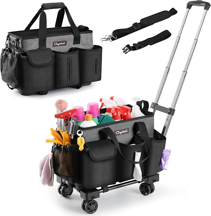 Chyaidach Rolling Cleaning Caddy, Cleaning Supplies Organizer with Trolley, Wearable Cleaning Tote Bag on Wheels with Hard Bottom, Cleaning Carts for Housekeepers/Home/Car/Office/Picnic (Grey) by Chyaidach